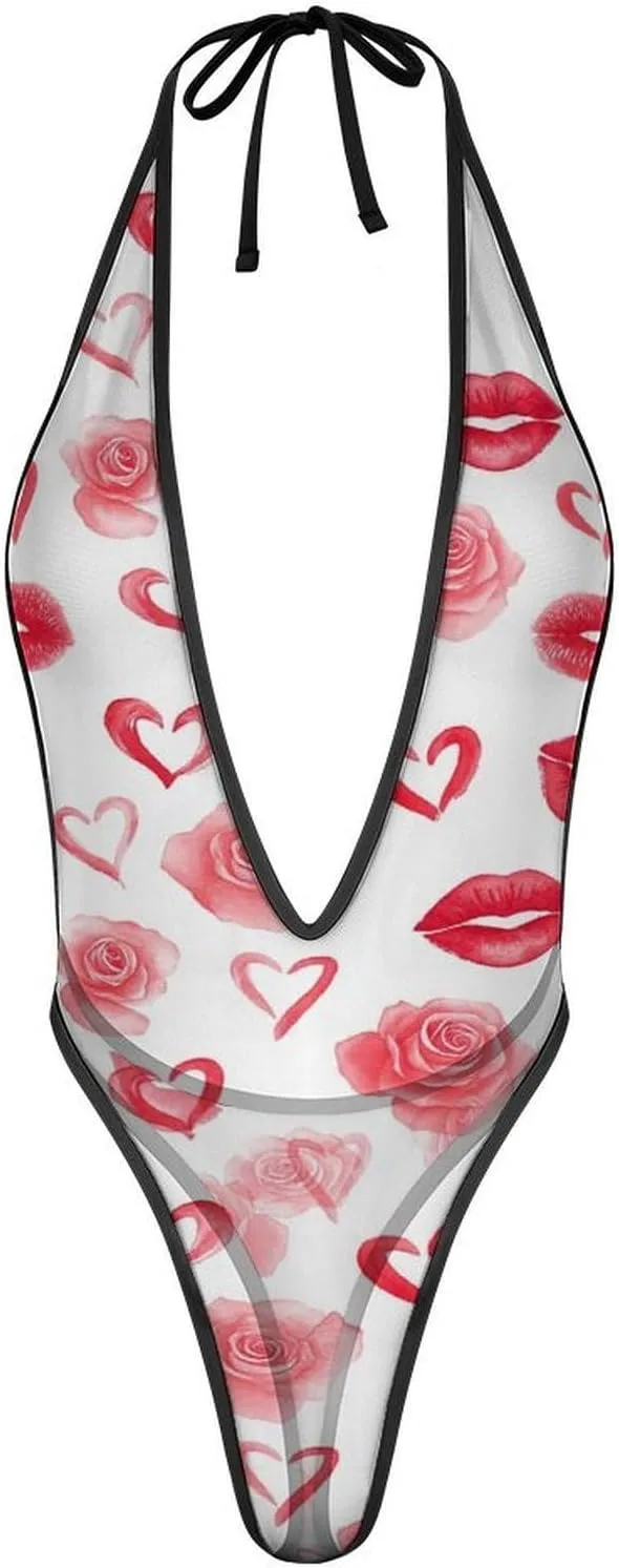 Valentine's Day Женский комбинезон Белье Sexy Deep V Halte Bodysuit Цельный купальник Тонг Generic, Style-4