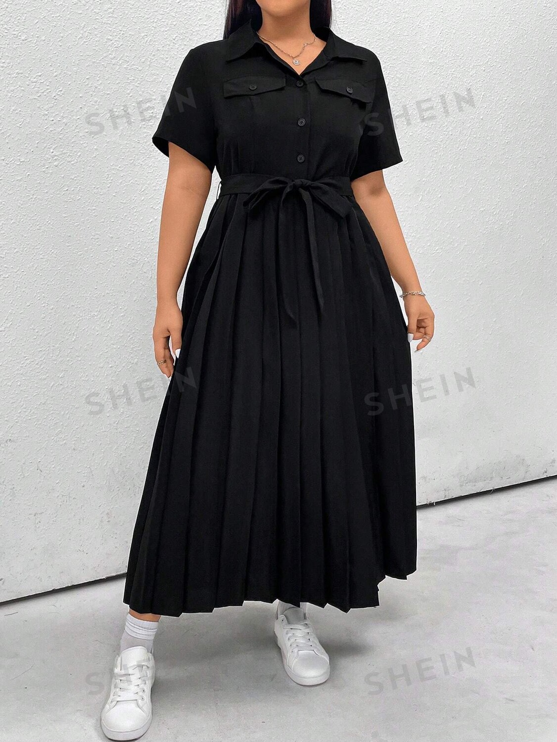 

EZwear Плюс Размер Повседневное Однотонное плиссированное Длинное платье размера плюс весна/лето Shein, черный