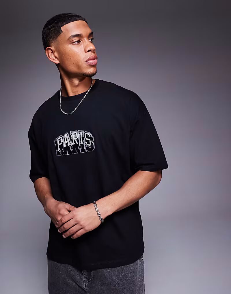 

Футболка свободного кроя ASOS DESIGN с вышивкой города на груди черного цвета