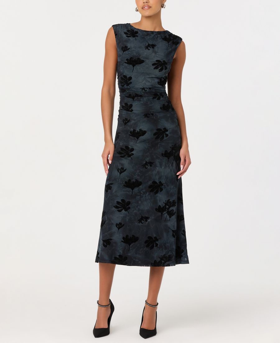 

Женское бархатное платье миди с цветочным принтом и сетчатой вставкой, с вырезом-лодочкой ASTR the Label, Teal Black