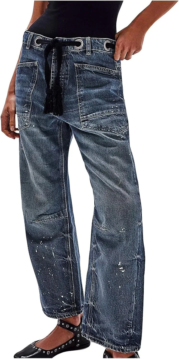 

Женские джинсы baggy barrel casual mid rise vintage с широкими штанинами и шнурком NATHGAM