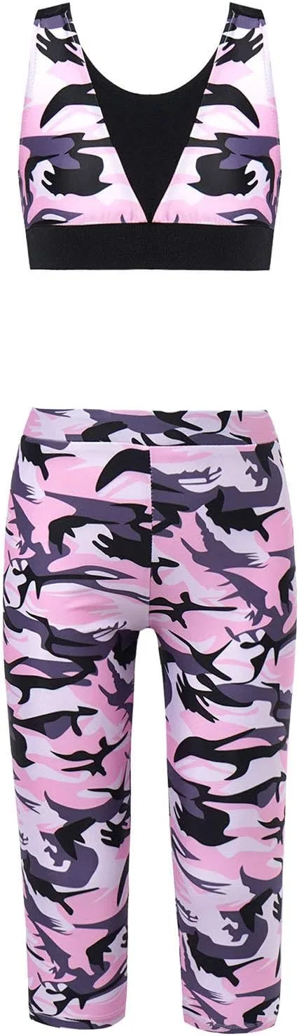 Детский спортивный костюм с камуфляжным принтом YONGHS, топ и леггинсы, Camouflage Pink — фото 4