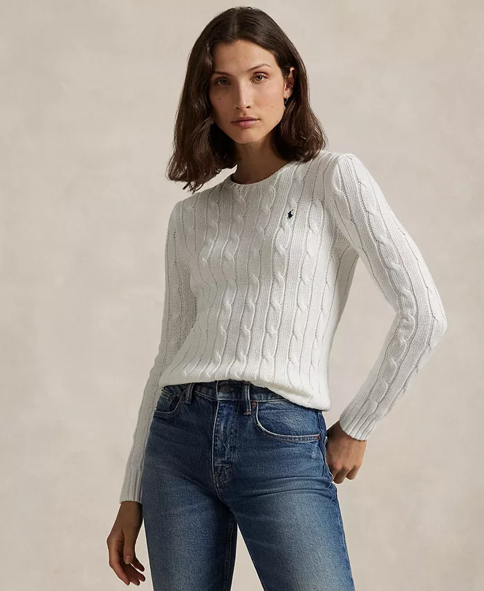 

Женский хлопковый свитер с косой вязкой и круглым вырезом Polo Ralph Lauren, белый
