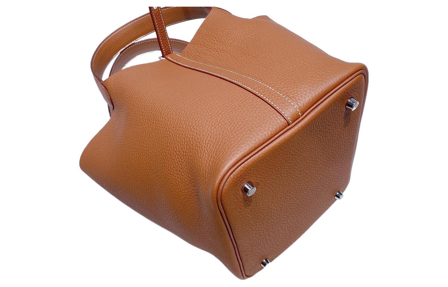 Hermes Сумка-корзинка Picotin Lock Taurillon Clemence из кожи, сумка-ведро, дамская сумочка, размер 22, женский размер 37, золотисто-коричневый — фото 4