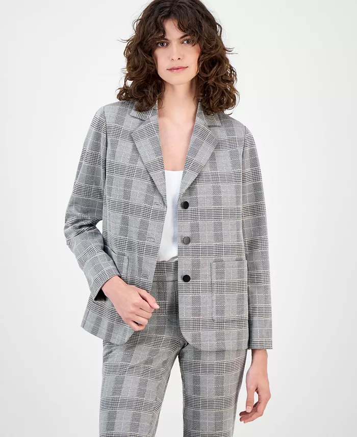 

Женский клетчатый блейзер с тремя пуговицами и заостренным воротником Anne Klein, черный