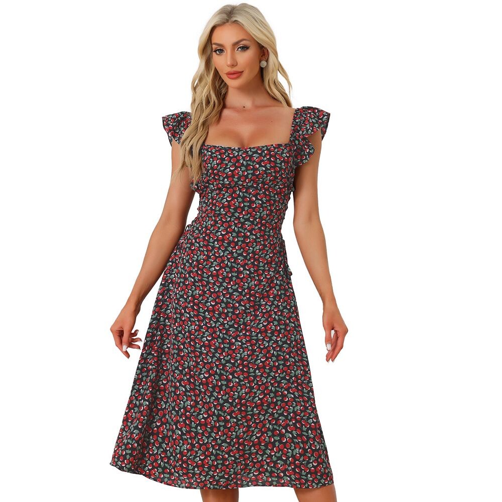 

Женское платье с цветочным принтом вишни, платья миди без рукавов с квадратным вырезом и рюшами на шнуровке ALLEGRA K, черный