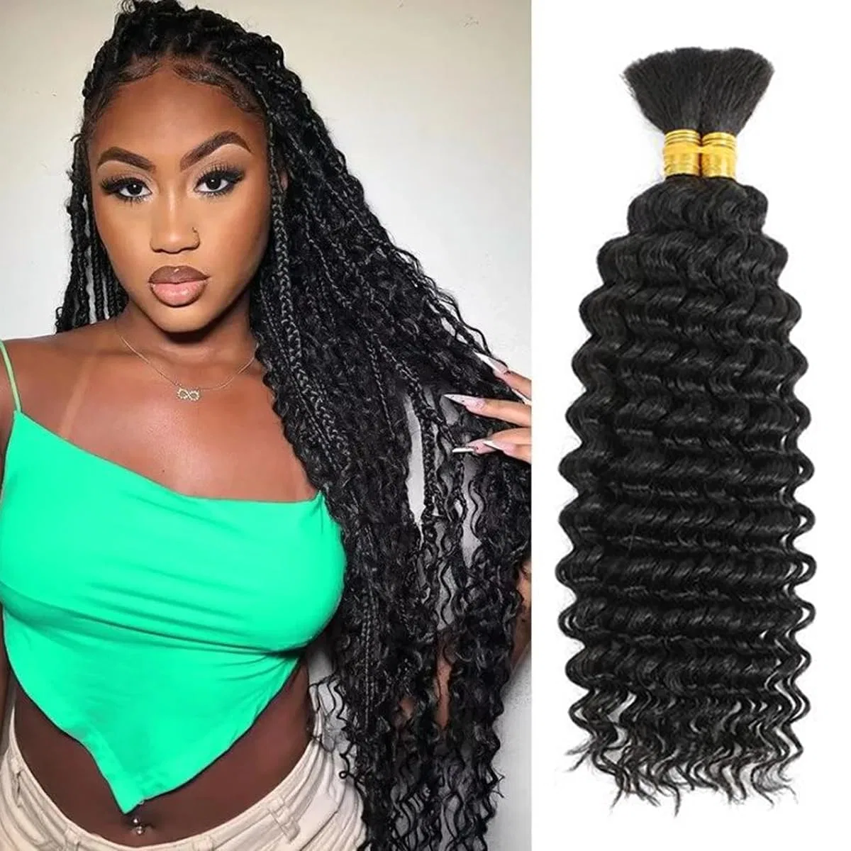 Натуральные волосы Deep Wave Bulk для бохо-кос, 14 дюймов, 100 г Feibin, Deep Wave-Noir