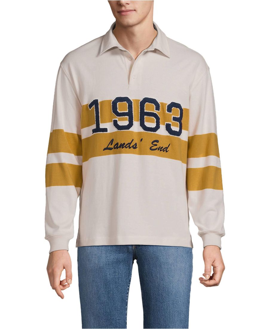 

Мужская рубашка поло с длинным рукавом, прочная, в стиле регби, с вышивкой Lands' End, Ivory latte 1963 lands end