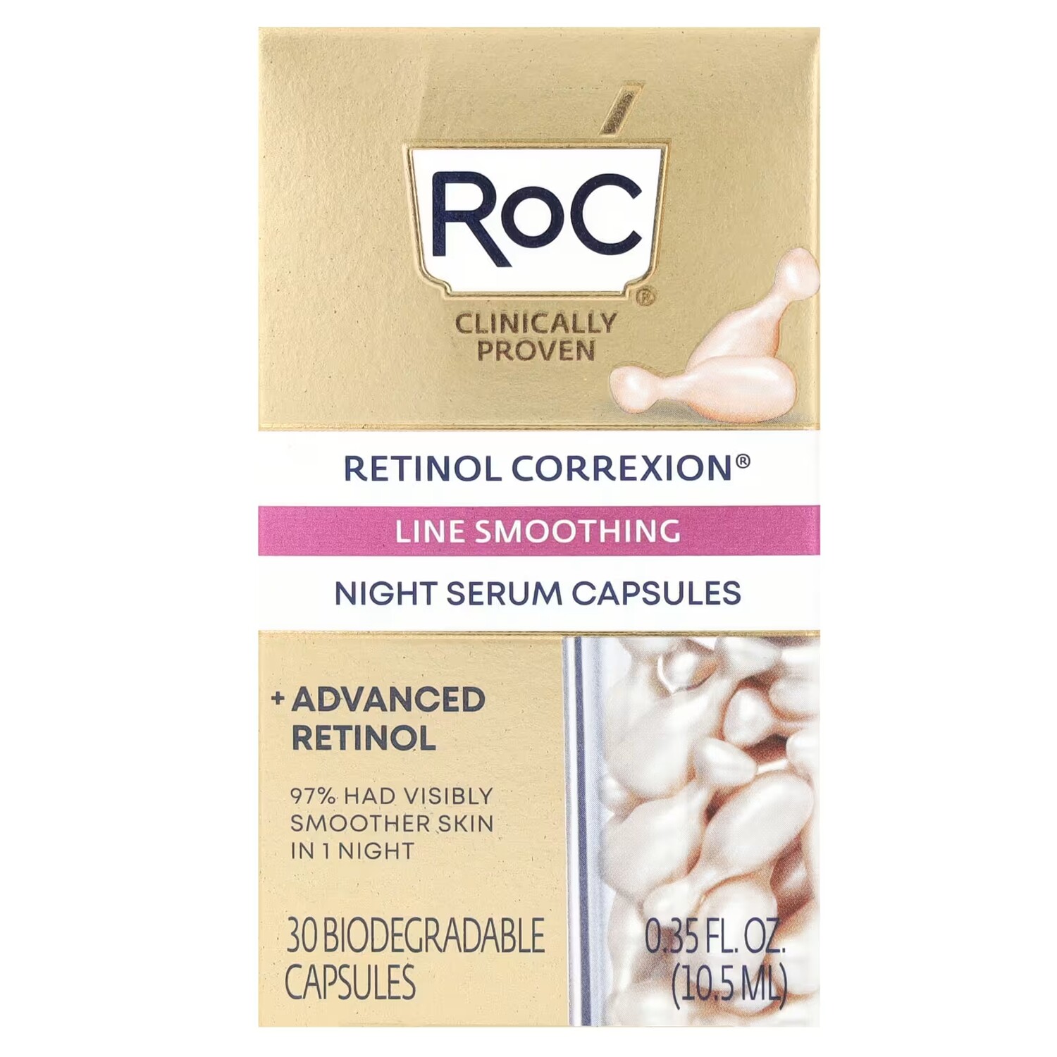 Сыворотка RoC — Ночная Retinol Correxion Line разглаживающая, 30 биоразлагаемых капсул — фото 2