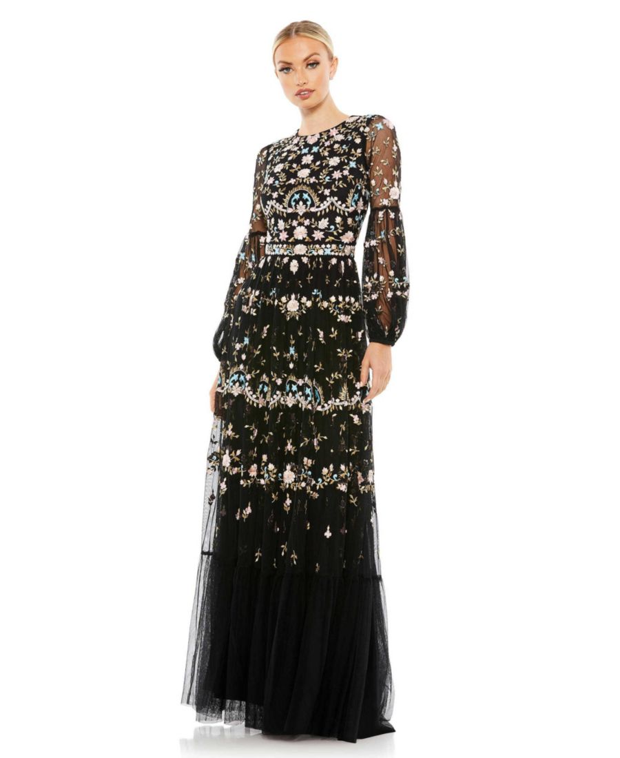 

Женское вышитое платье с высоким воротником и рукавами-иллюминаторами, многослойной юбкой Mac Duggal, Black