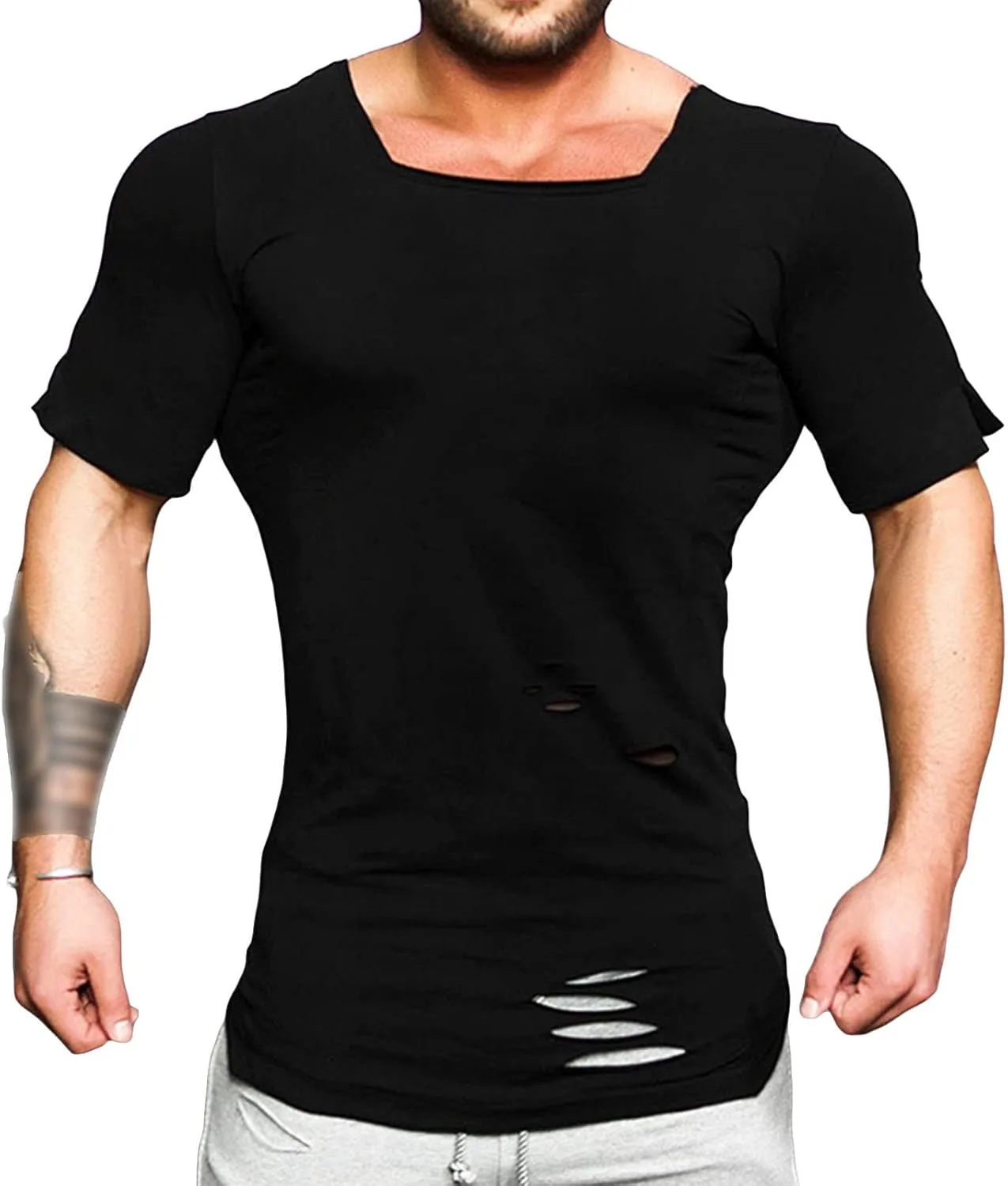 Футболка с круглым подолом и прорезями Casual Hipster Crewneck Slim Fit с коротким рукавом
