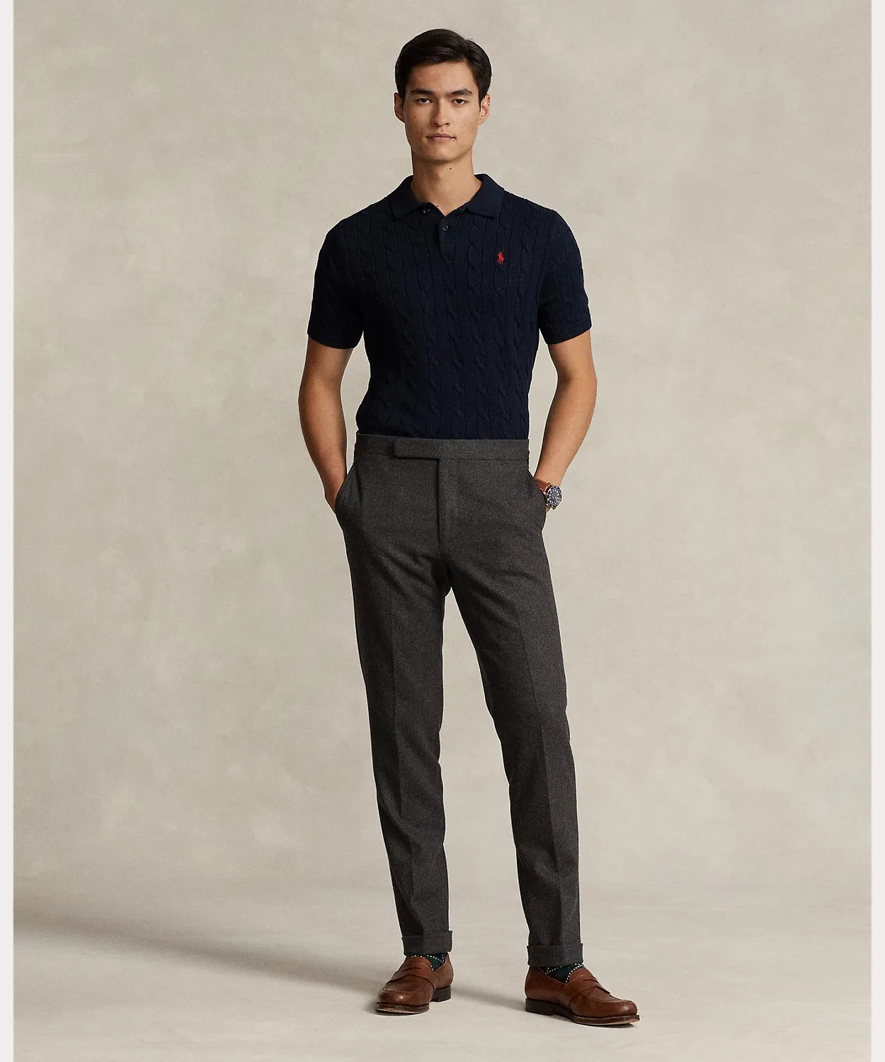 Свитер поло с кабельным узором из хлопка Polo Ralph Lauren синий — фото 3