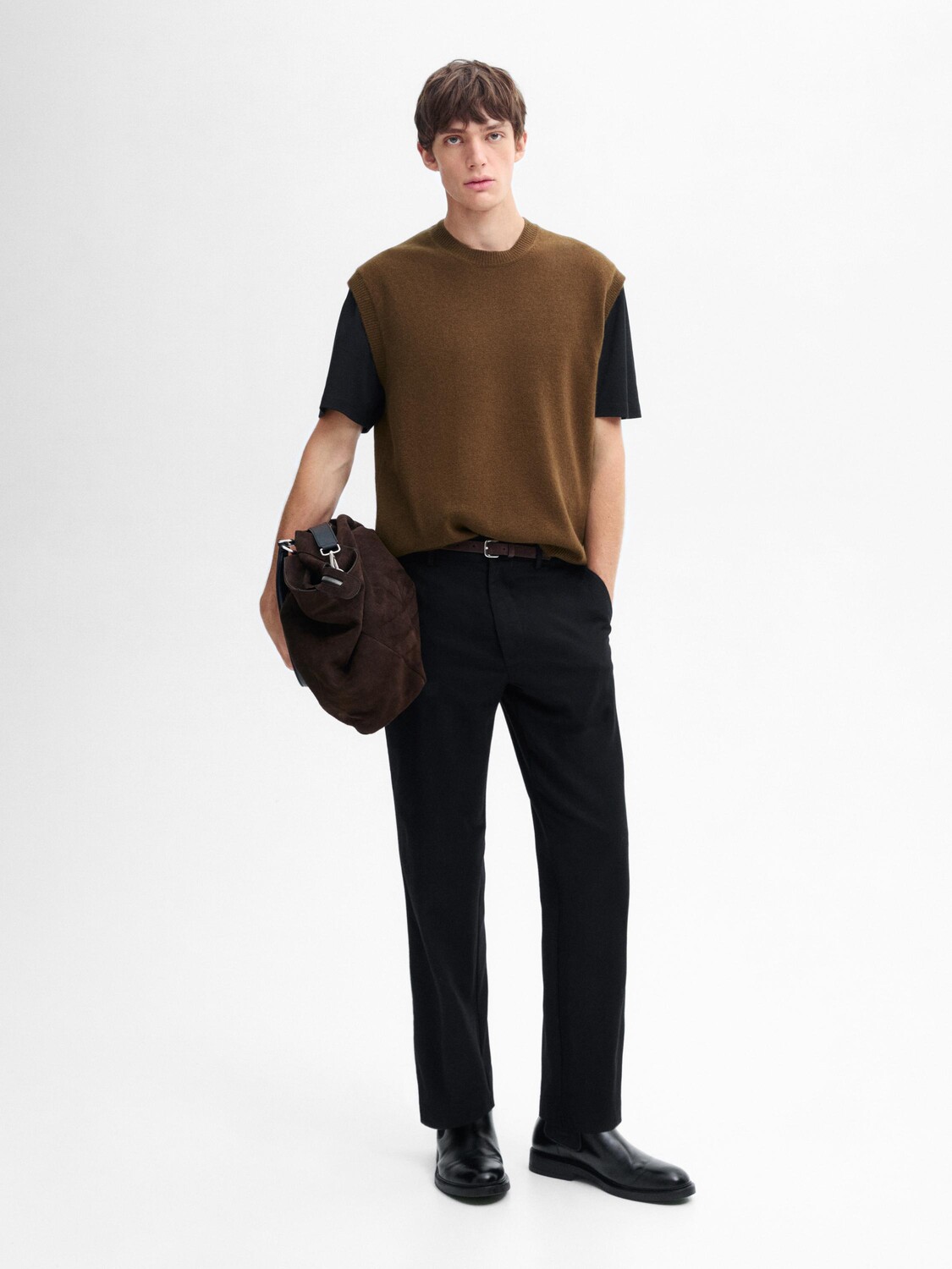 

Жилет из смесовой шерсти с круглым вырезом Massimo Dutti, коричневый