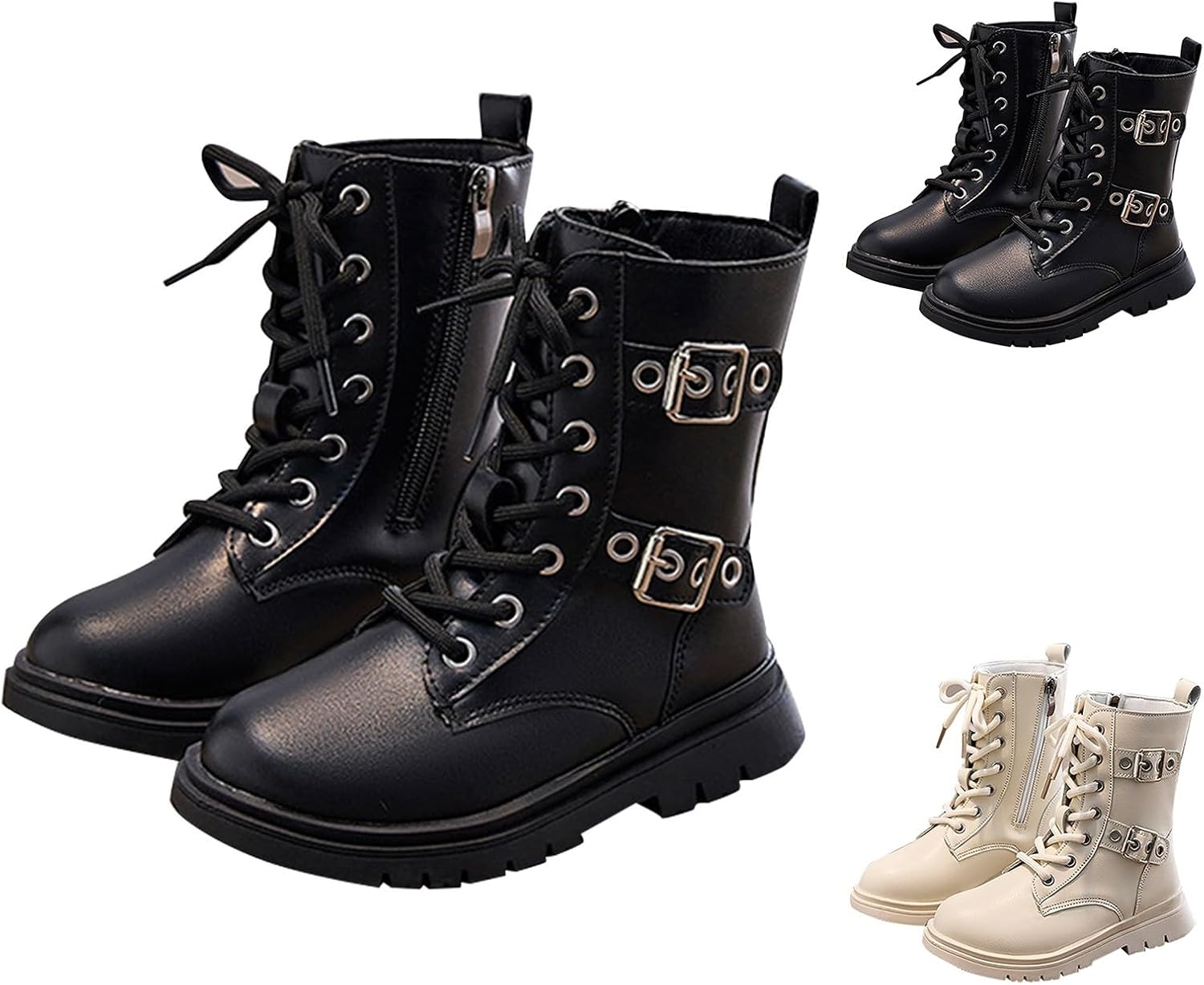 

Generic Детские ботинки на шнуровке и застежке с ремешком, черно-белые, для мальчиков и девочек, с платформенной резиновой подошвой, модные ковбойские ботинки