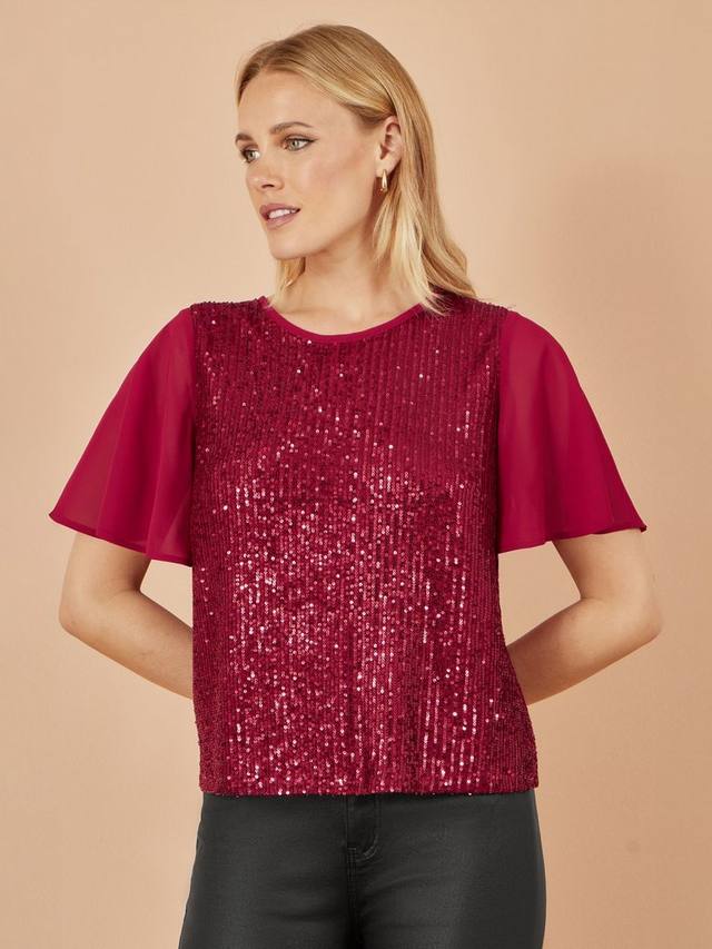 

Блузка с коротким рукавом и круглым вырезом с пайетками Yumi, Burgundy