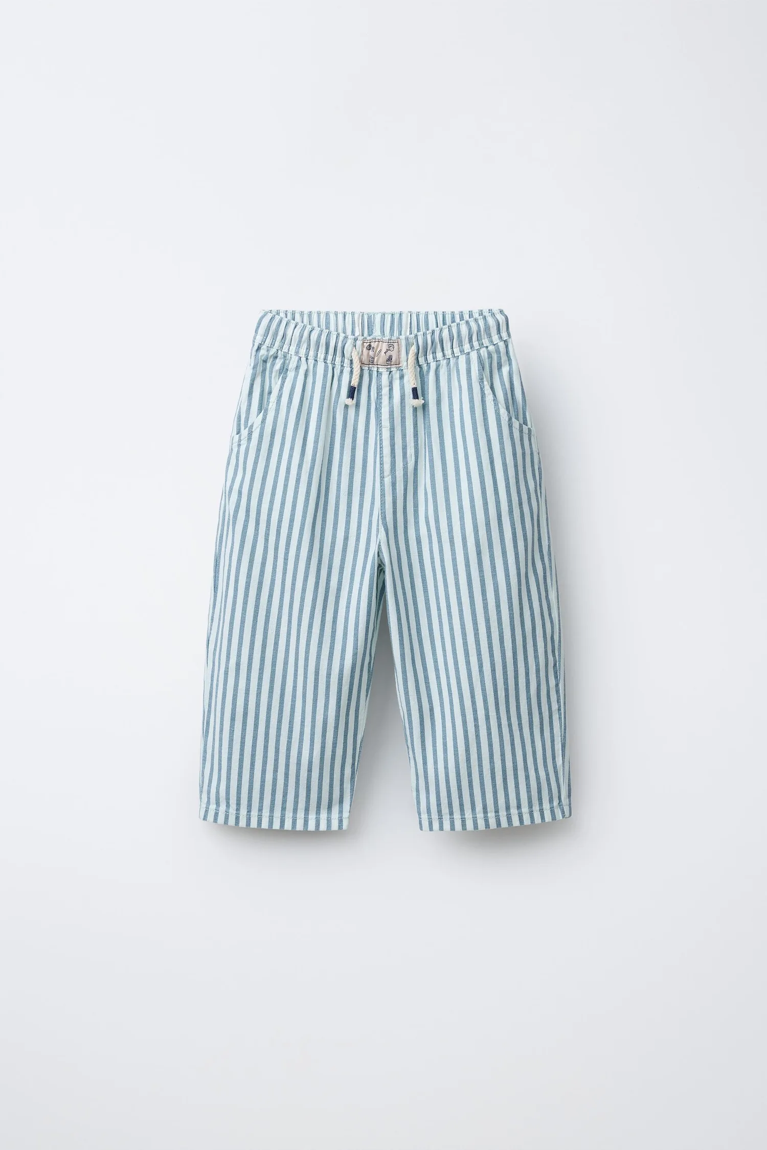 Полосатые хлопково-льняные брюки Zara, светло-голубой