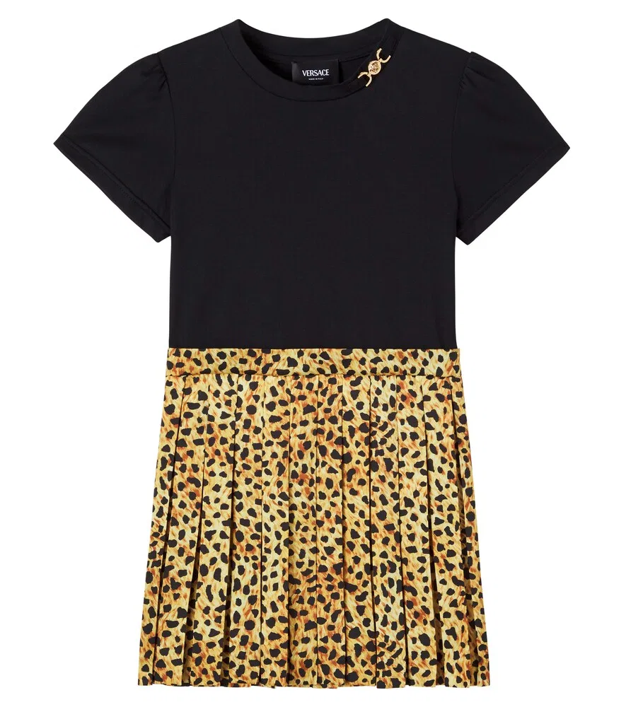 Платье из хлопкового трикотажа и твила с леопардовым принтом Versace Kids, черный