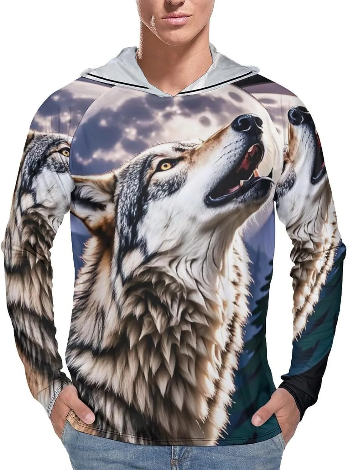 

Мужская толстовка с капюшоном UPF 50+ для защиты от солнца, Wolves, с длинным рукавом, легкая и быстросохнущая FHESDCW