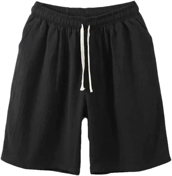 Мужские шорты Oversized летние Cotton Linen Stretch спортивные свободные пляжные легкие черные