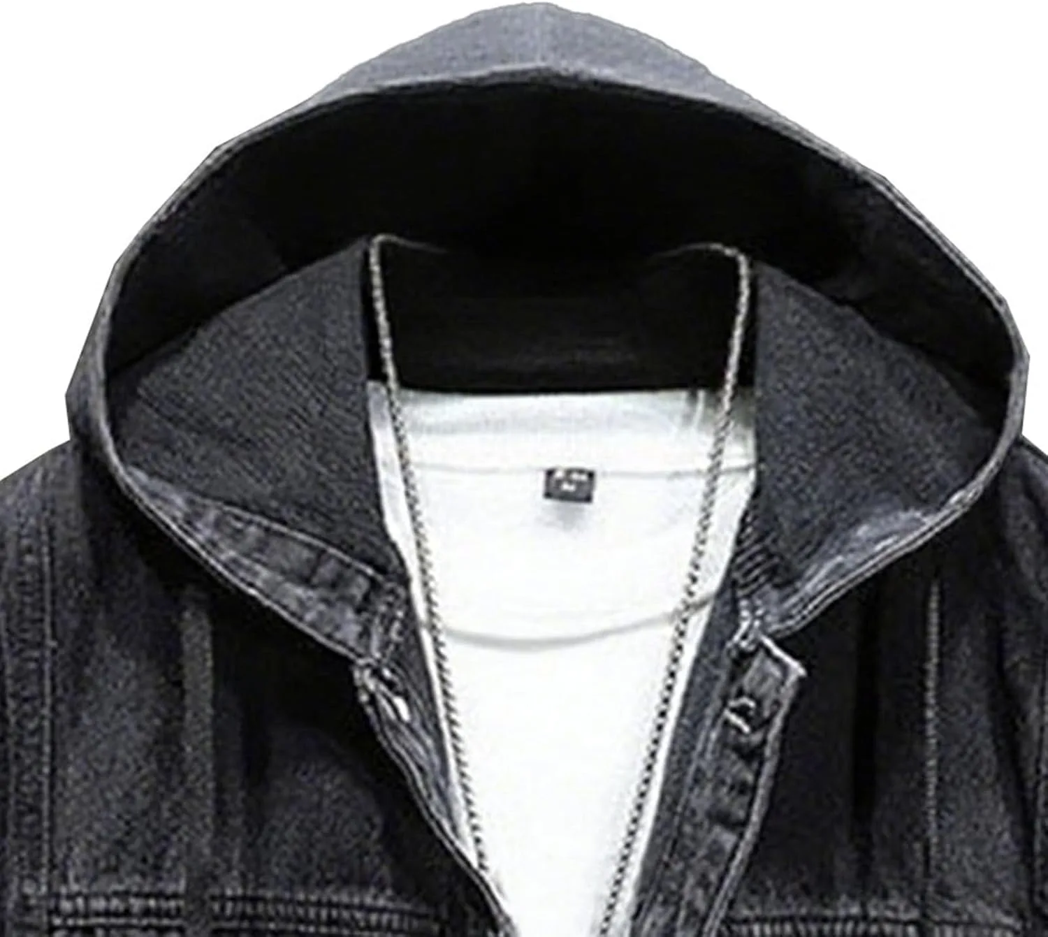 Джинсовая куртка с капюшоном, мужская, casual, slim fit, длинный рукав, потертая, в стиле trucker, для весны Generic, черный — фото 4