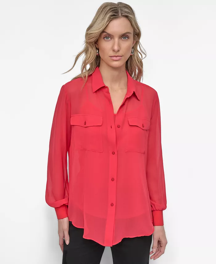 

Женская блуза из шифона на пуговицах DKNY, красный