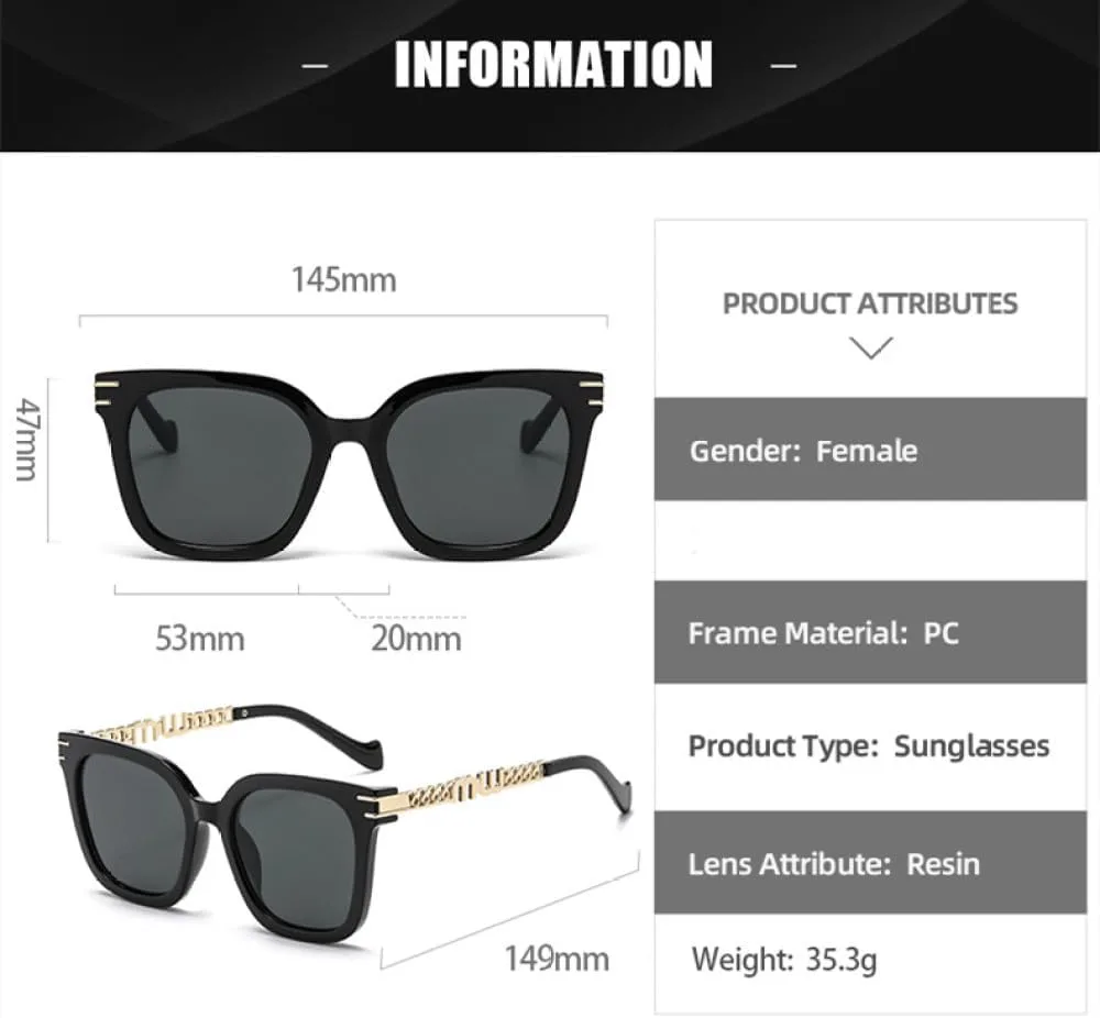 

Модные винтажные квадратные солнцезащитные очки для женщин, стильные женские солнцезащитные очки с металлической цепочкой и крупной оправой MTZJH, Black Black