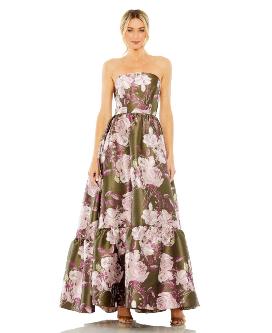 

Женское платье без бретелей с оборками и цветочным принтом Mac Duggal, Olive multi