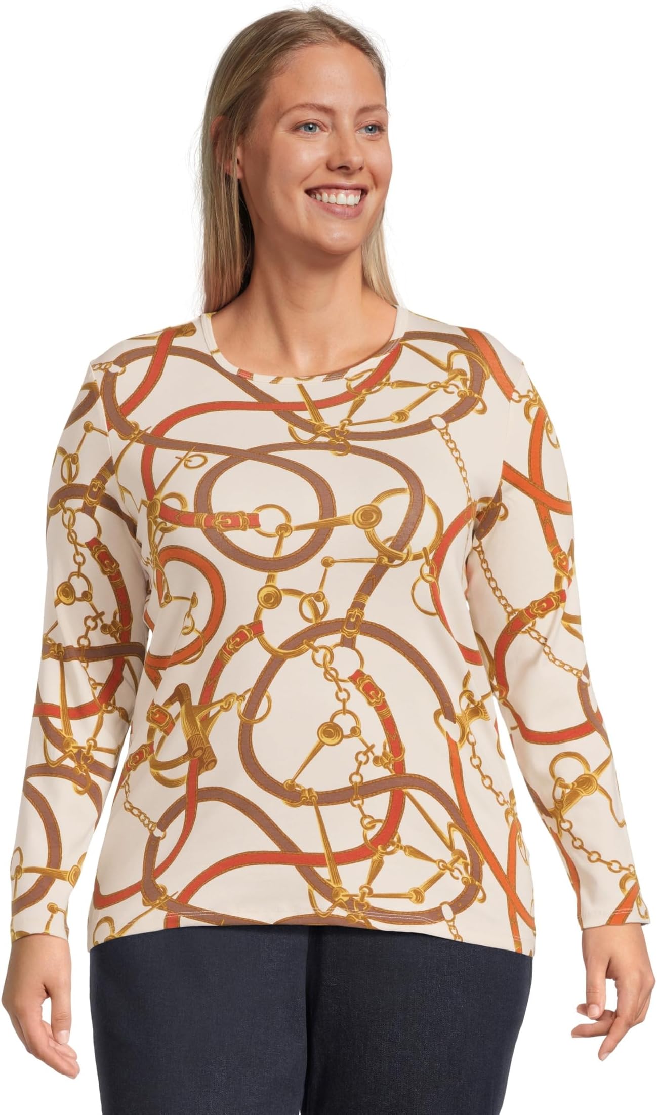 

Футболка Lauren Ralph Lauren Plus Size Belting-Print Cotton Long-Sleeve Tee, цвет Cream Multi