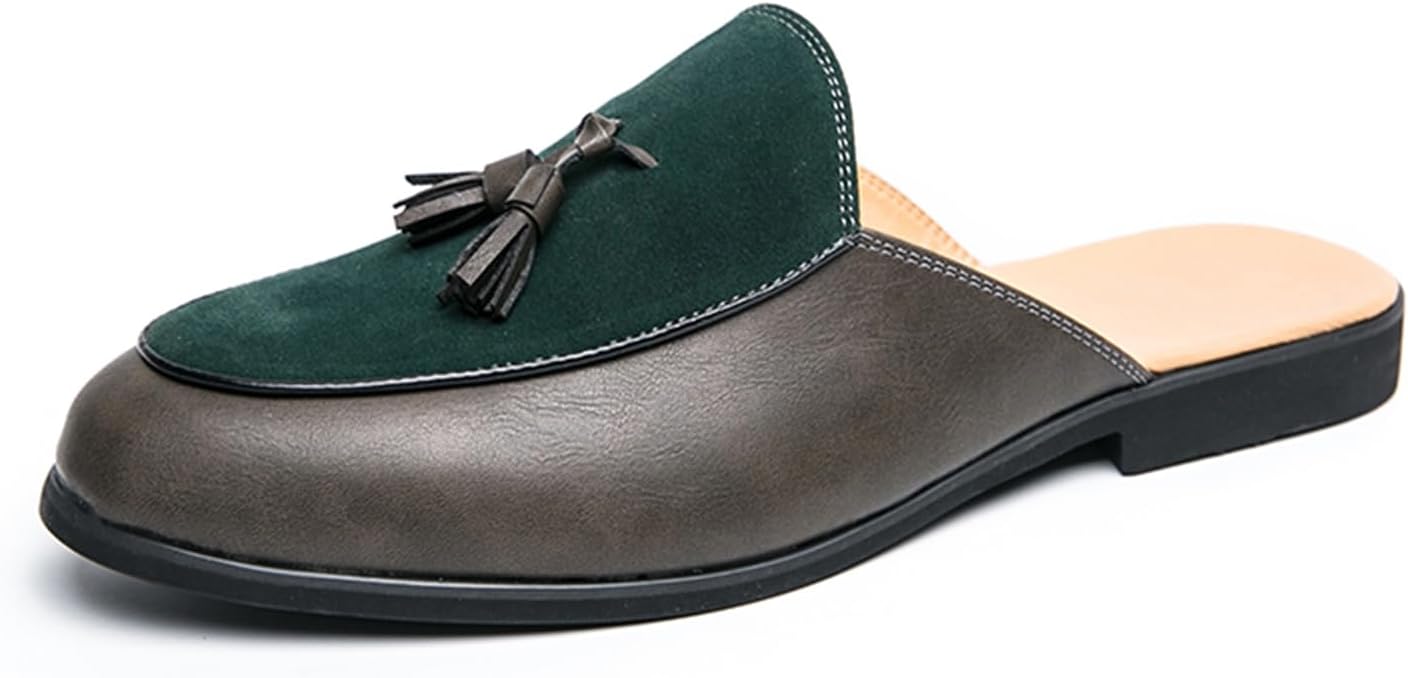 

Мужские замшевые мюли с кисточками ENJGU, ретро стиль, круглый носок, противоскользящие, низкий каблук, без задника, повседневные сабо, балетки, зеленый