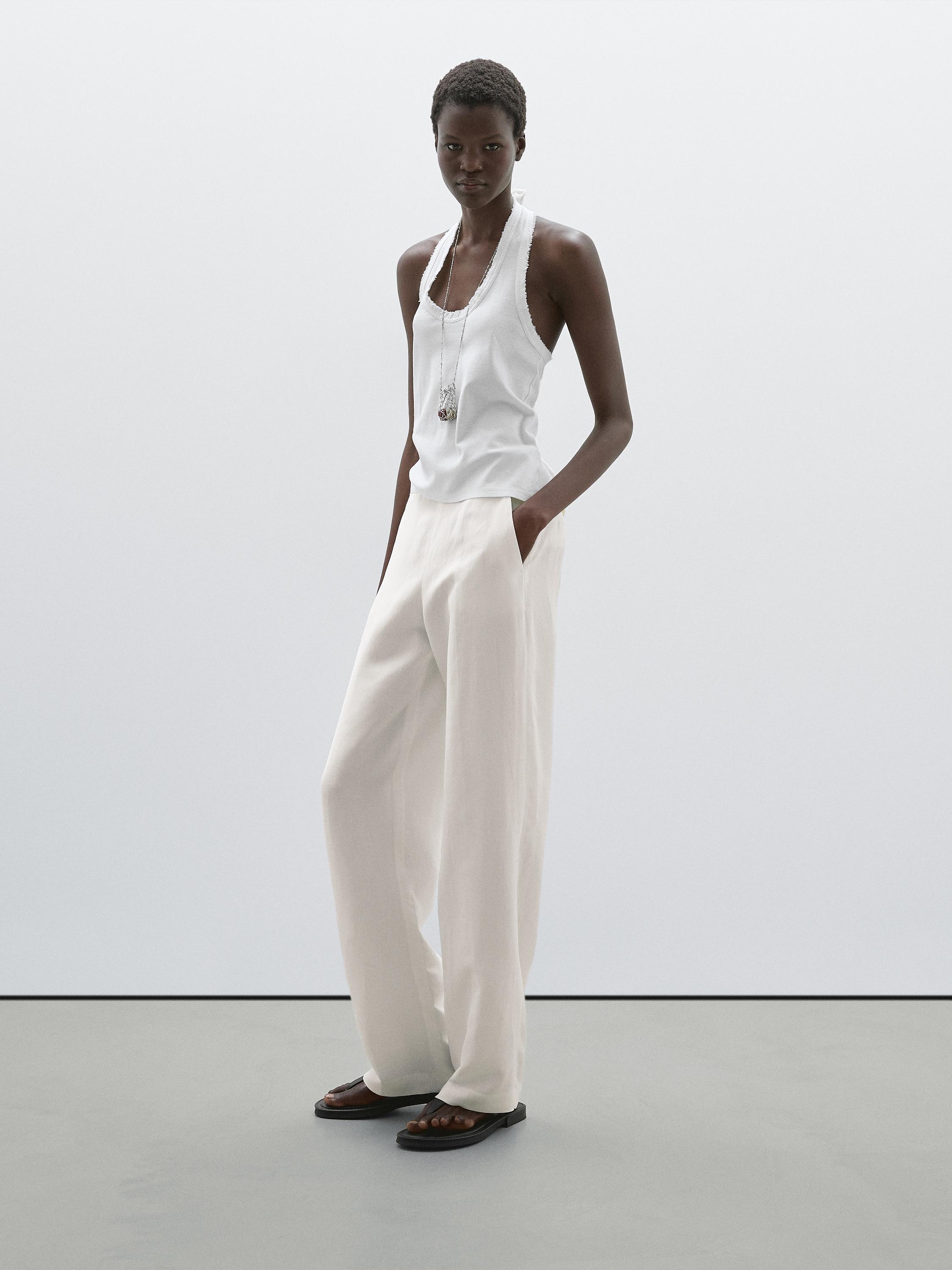 

Брюки прямого кроя из струящейся льняной смеси Massimo Dutti, кремовый