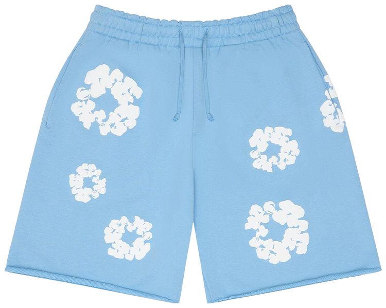 

Джинсовые шорты с хлопковым венком и надписью "Denim Tears" (светло-голубые)