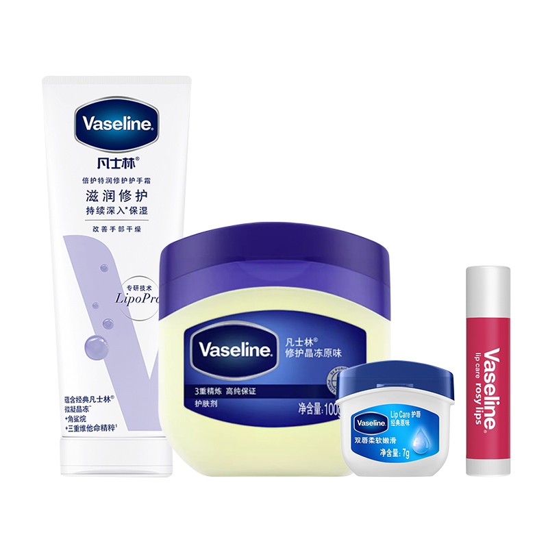 

Кристальный гель крем для рук и бальзам для губ увлажняющий и питающий набор из 4 предметов Vaseline