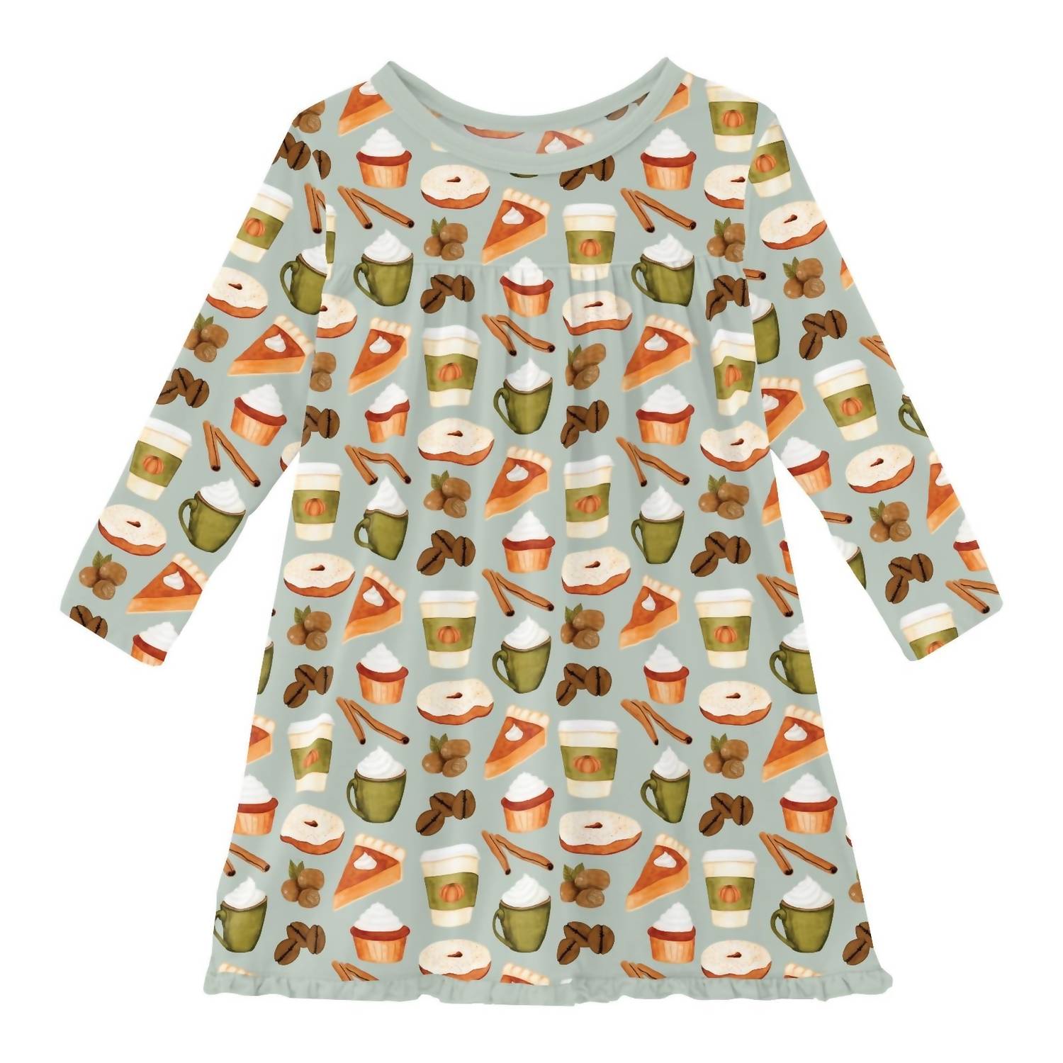 

Платье-трапеция с длинными рукавами для девочек цвета алоэ и тыквы Kickee, Aloe Pumpkin Spice