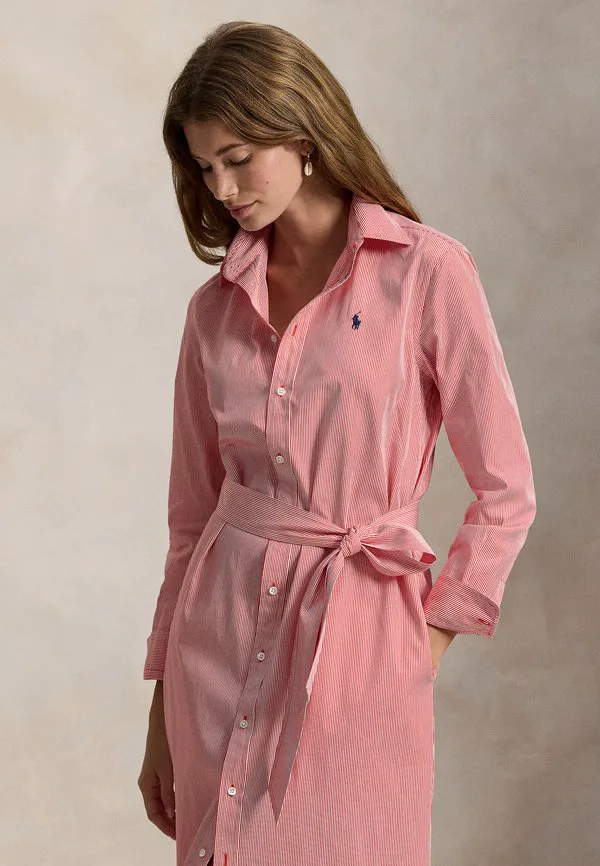 Платье-Рубашка из хлопка в полоску с поясом Polo Ralph Lauren, Red/White