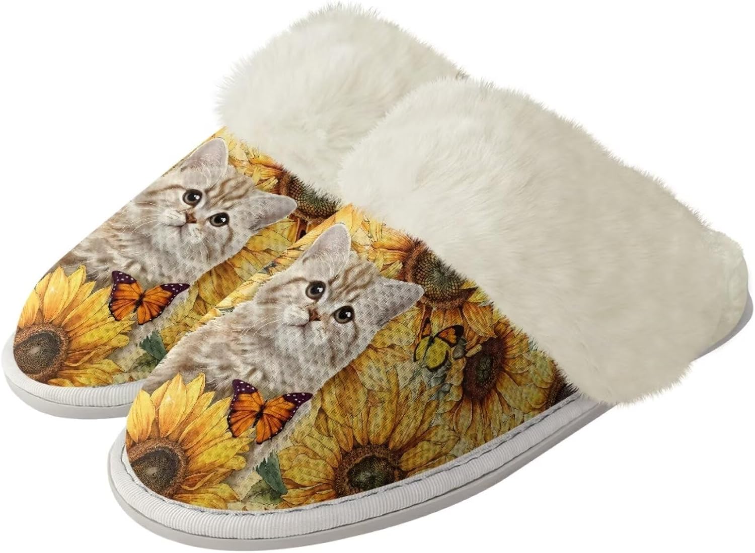 

Домашние тапочки Watdotory для женщин и мужчин, зимние, с закрытым носком, теплые, на плоской подошве, унисекс, повседневные, дышащие, мягкие плюшевые, для ванной и дома, Sunflower Butterfly Cat