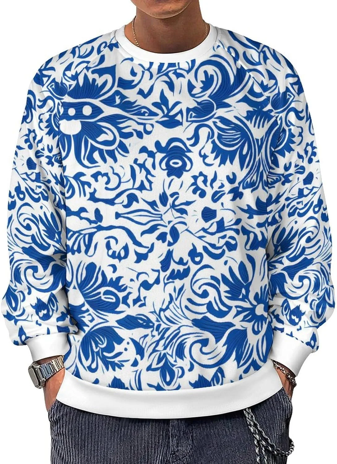 

MARSVOVO Унисекс Свитшот с принтом, винтажный, пайсли, сине-белый цветочный принт