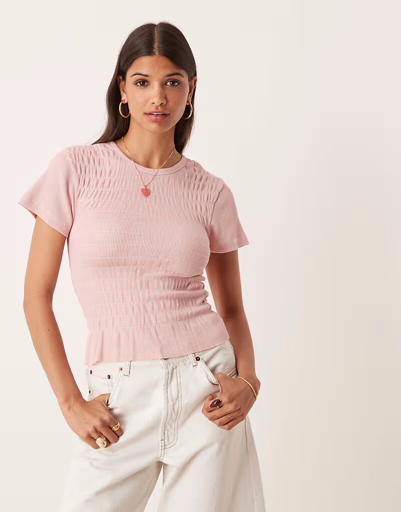 

Футболка с вафельным узором и сборками - светло-розовая Asos Design, Розовый, Футболка с вафельным узором и сборками - светло-розовая Asos Design