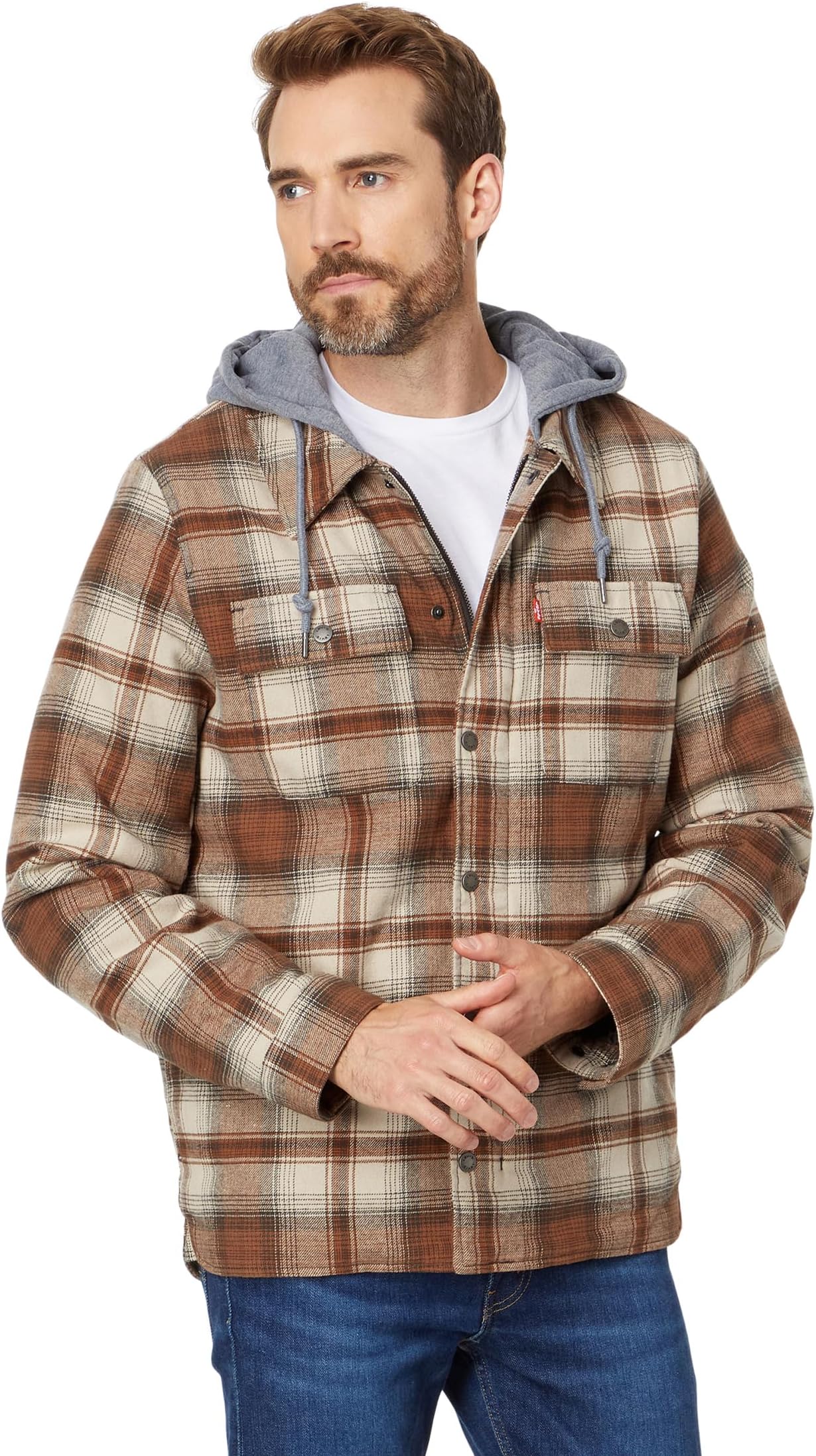 

Куртка Levi's Washed Cotton Shirt Jacket with A Jersey Hood and Sherpa Lining, цвет Ombre Plaid
