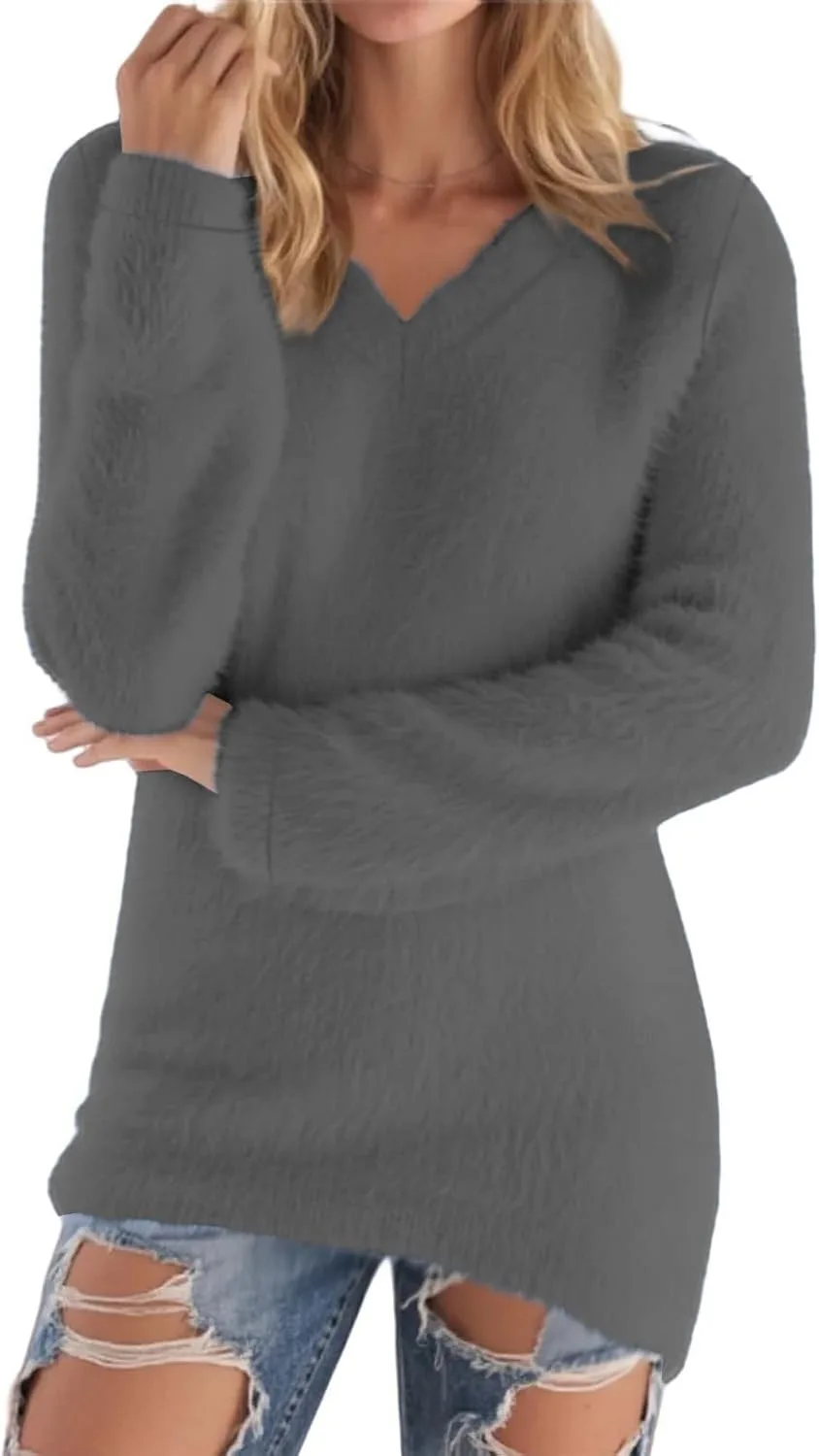 

Женский уютный свитер с длинным рукавом, мягкий и пушистый, V-образный вырез, зимний теплый флисовый пуловер Funnyrap