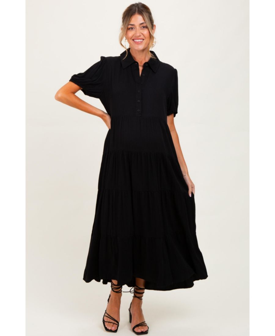 

Черное многоярусное платье миди для беременных с воротником и пуговицами Pinkblush, Black