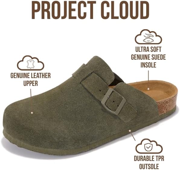 Мужские сабо Project Cloud - 100 натуральная кожа полного слоя, сабо с мемори-пеной для мужчин, поддержка свода стопы, пробковая стелька, противоскользящая подошва (Brooklyn), оливковый — фото 2