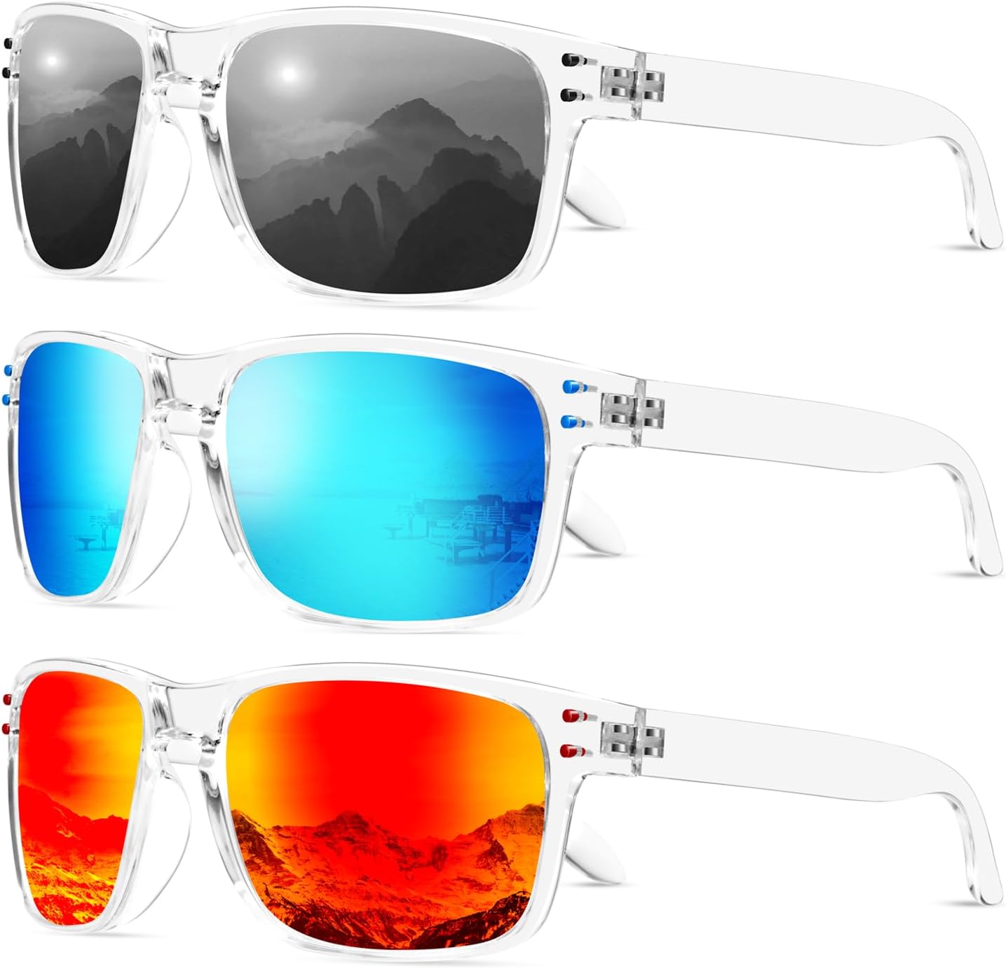 

Поляризованные солнцезащитные очки KALIYADI для мужчин и женщин в винтажном стиле, подходят для рыбалки, бега, вождения и защиты от УФ-излучения, (3 Pack) Clear Frame| Grey/Ice Blue/Red