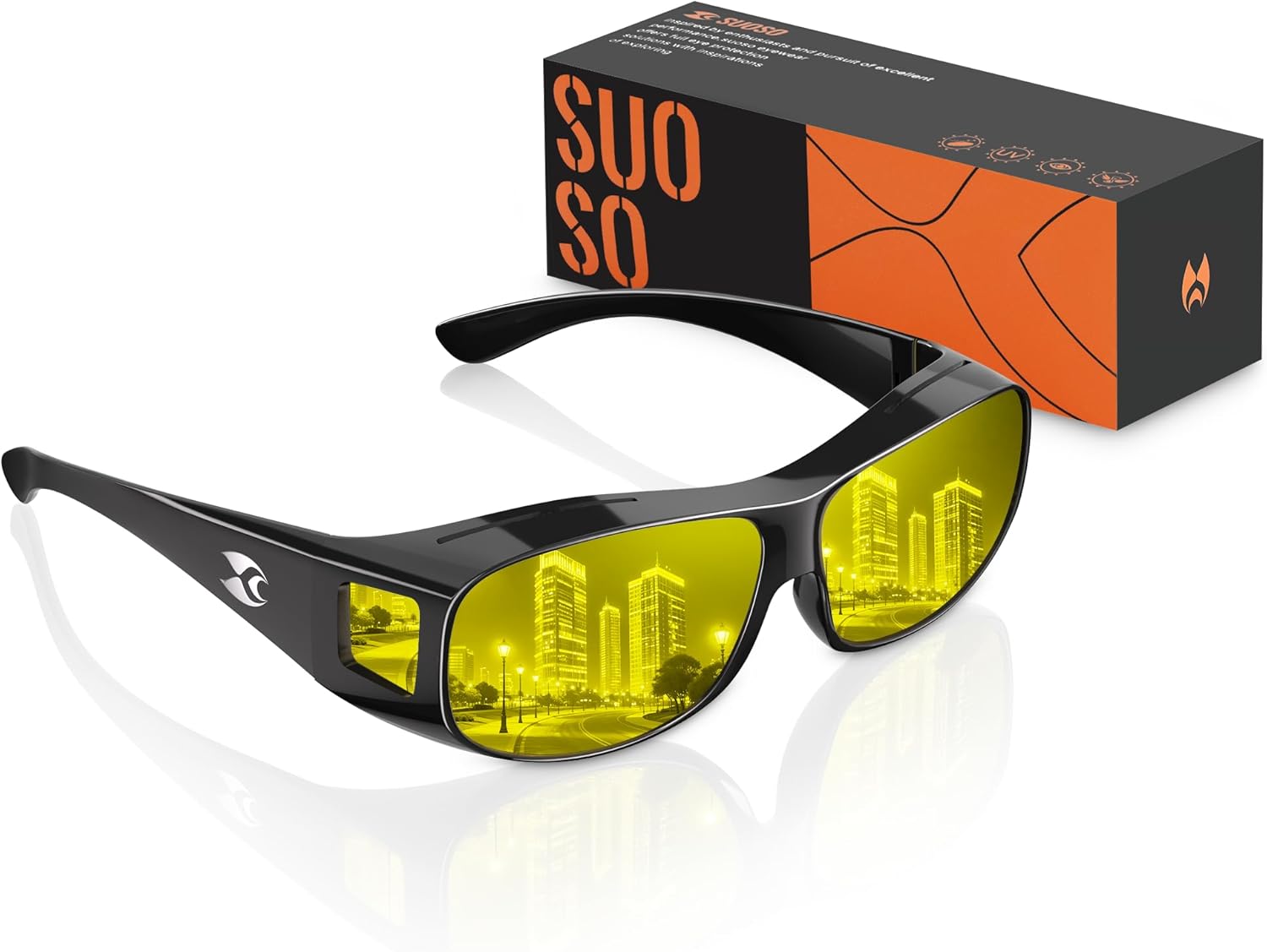 

Очки для вождения в ночное время suoso, надеваемые поверх обычных очков для мужчин и женщин, поляризованные очки ночного видения с антибликовым покрытием и желтыми линзами HD, A01-glossy Black