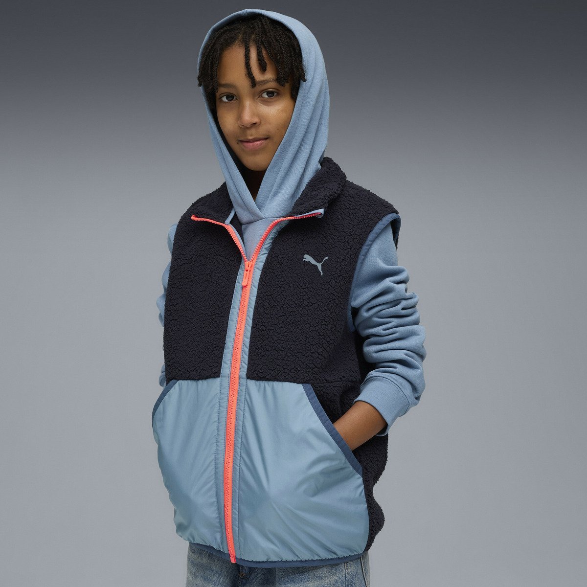 Детский гибридный жилет из искусственной овчины, размер 120-160 см. Puma, New Navy