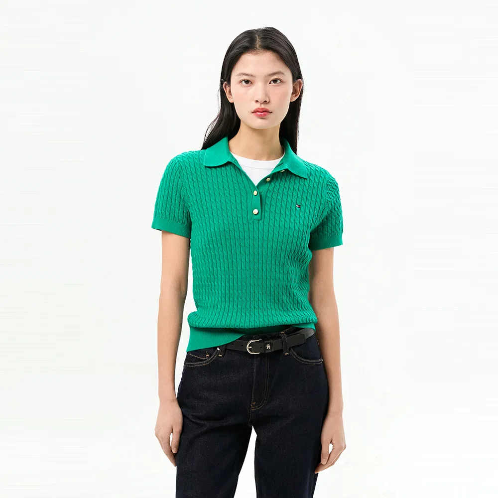 Женский хлопковый свитер поло с косами зелёного цвета от Tommy Hilfiger Women