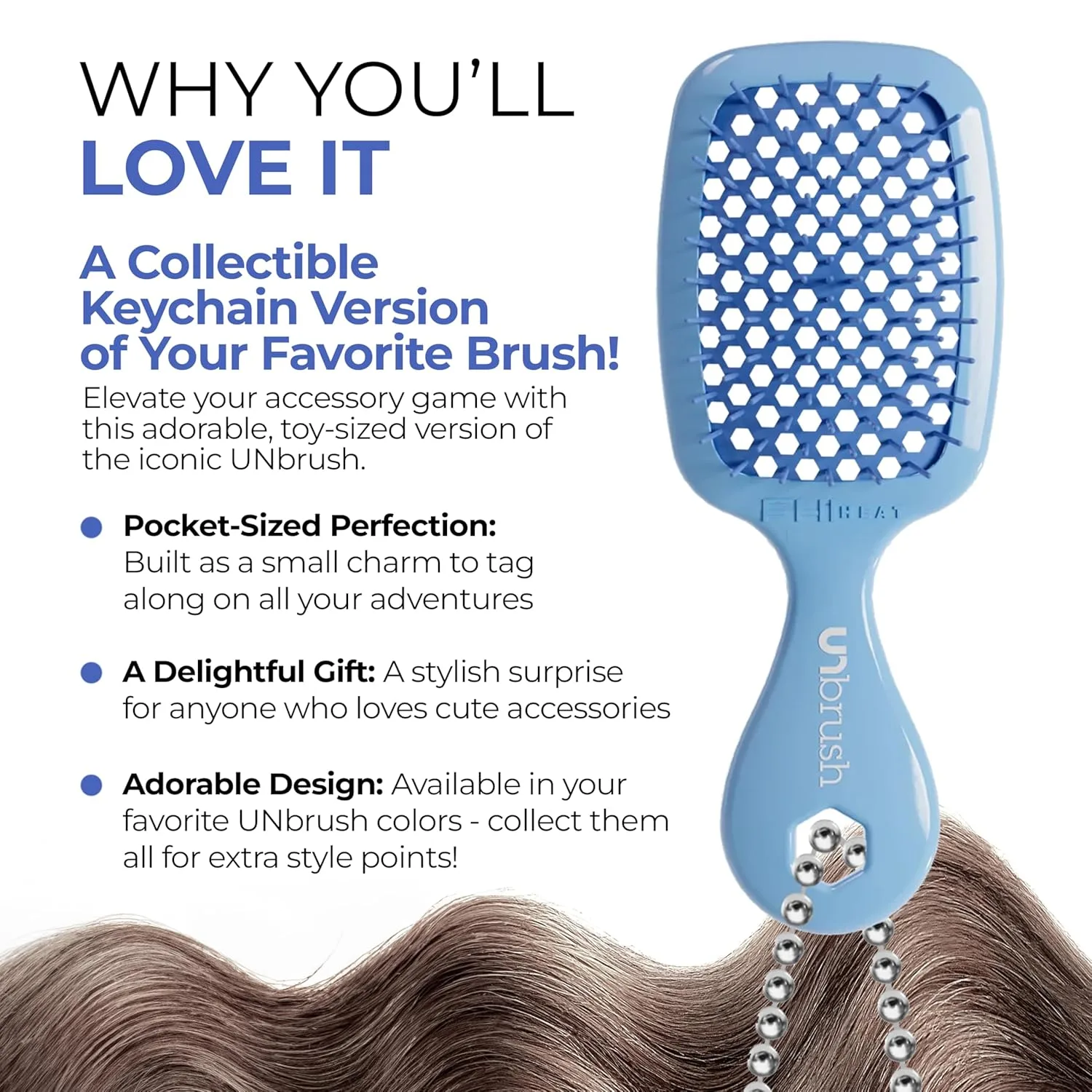 Брелок-расческа FHI Heat UNbrush Super Mini - коллекционный миниатюрный аксессуар для сумок и ключей - для любительниц красоты., Periwinkle — фото 2