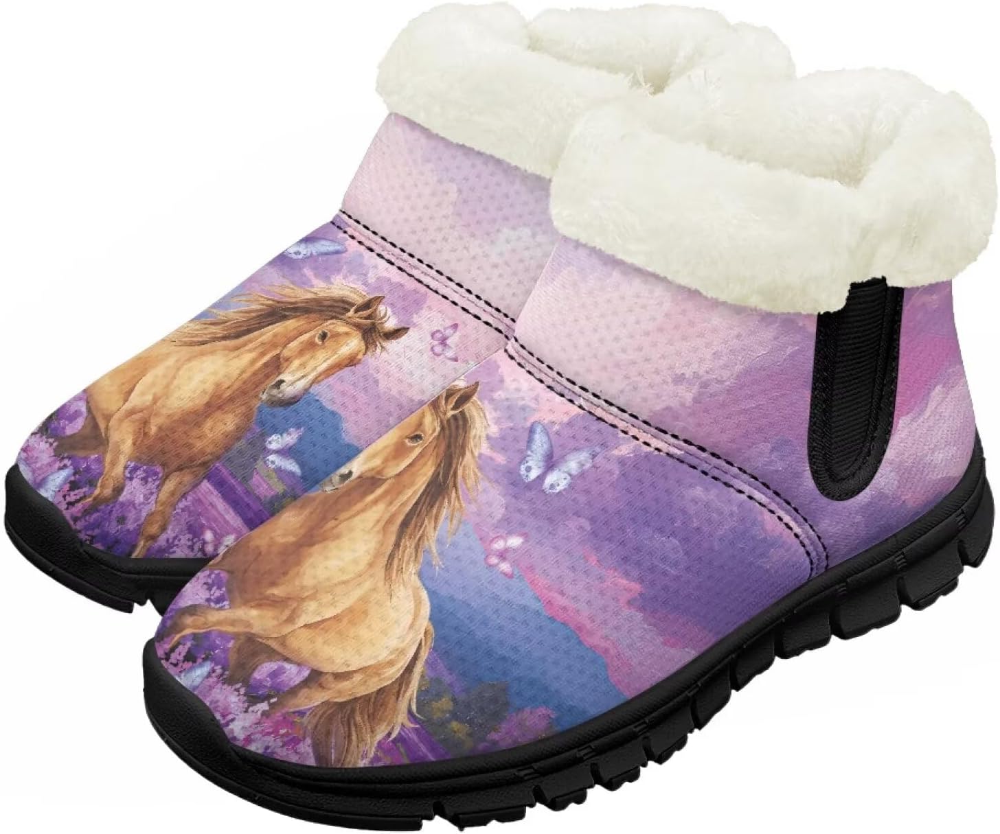 

Детские зимние ботинки для мальчиков и девочек, утепленные высокие кеды с подошвой против скольжения и флисовой подкладкой, пушистые слипоны Chririnla, Lavender Horse