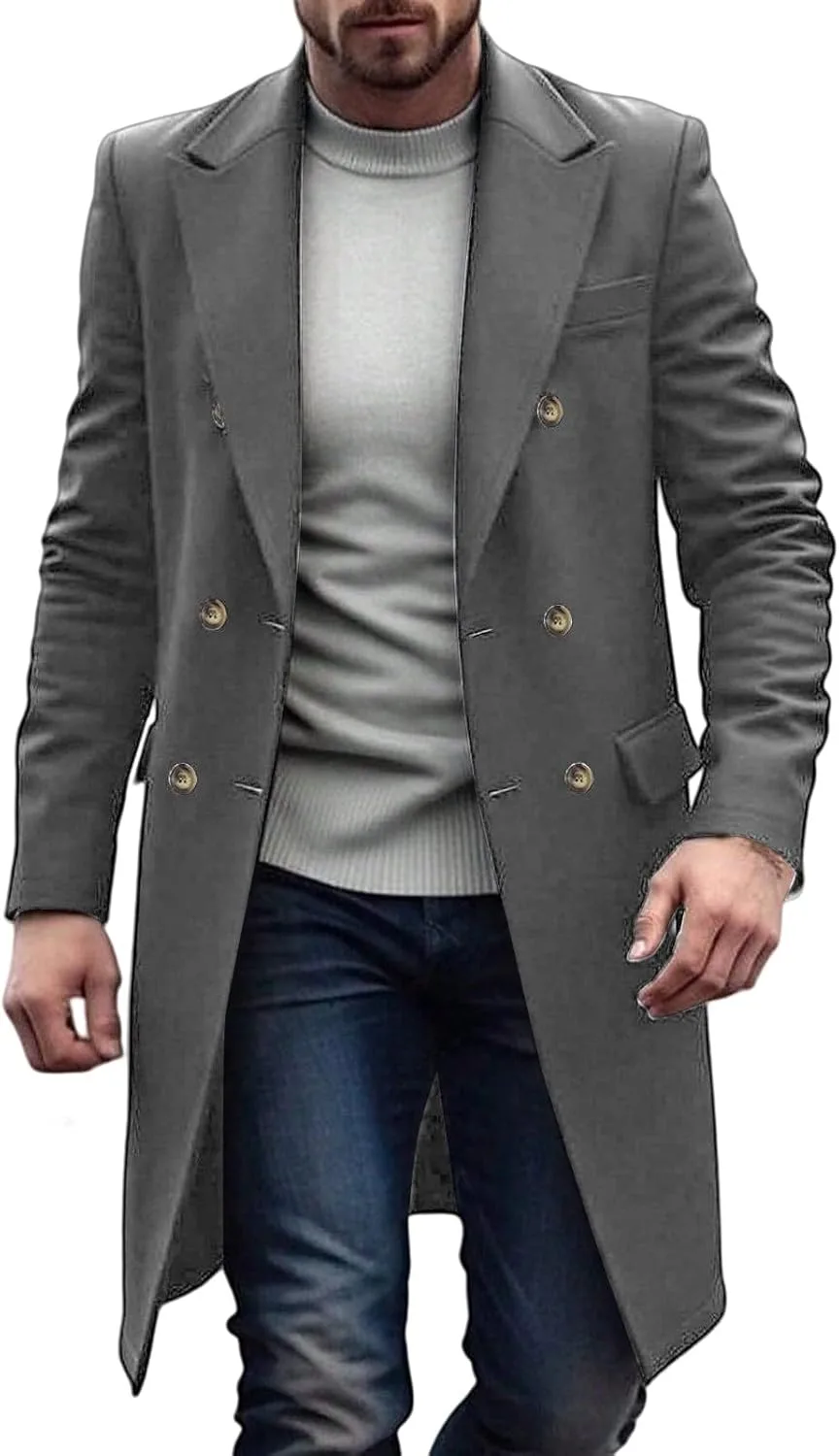 Мужское пальто с вырезом лацкана, двубортное, средней длины, в стиле pea coat, для бизнес-кэжуал, ветровка, зимнее, теплое, пальто Generic, серый