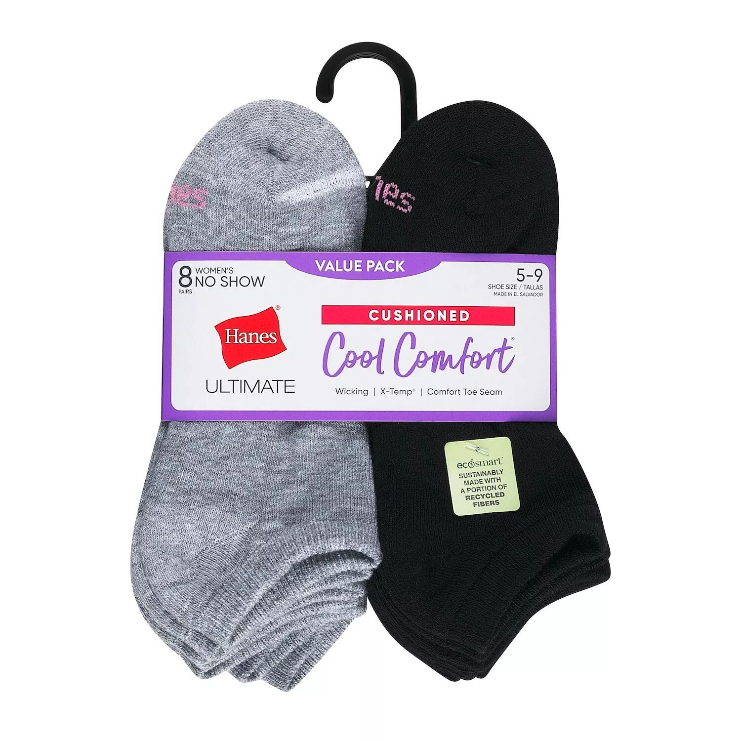 

Женские носки Hanes Ultimate Cool Comfort, 8 пар мягких носков-непоказов HWUCN8 Hanes, серый/черный