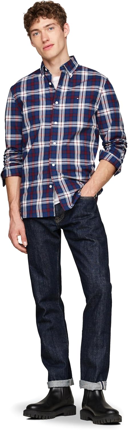 Мужские рубашки Tommy Hilfiger Poplin с длинным рукавом, классического кроя, застегивающиеся на пуговицы, также доступны в размерах для больших и высоких размеров., Deep Indigo / Rouge Check — фото 4